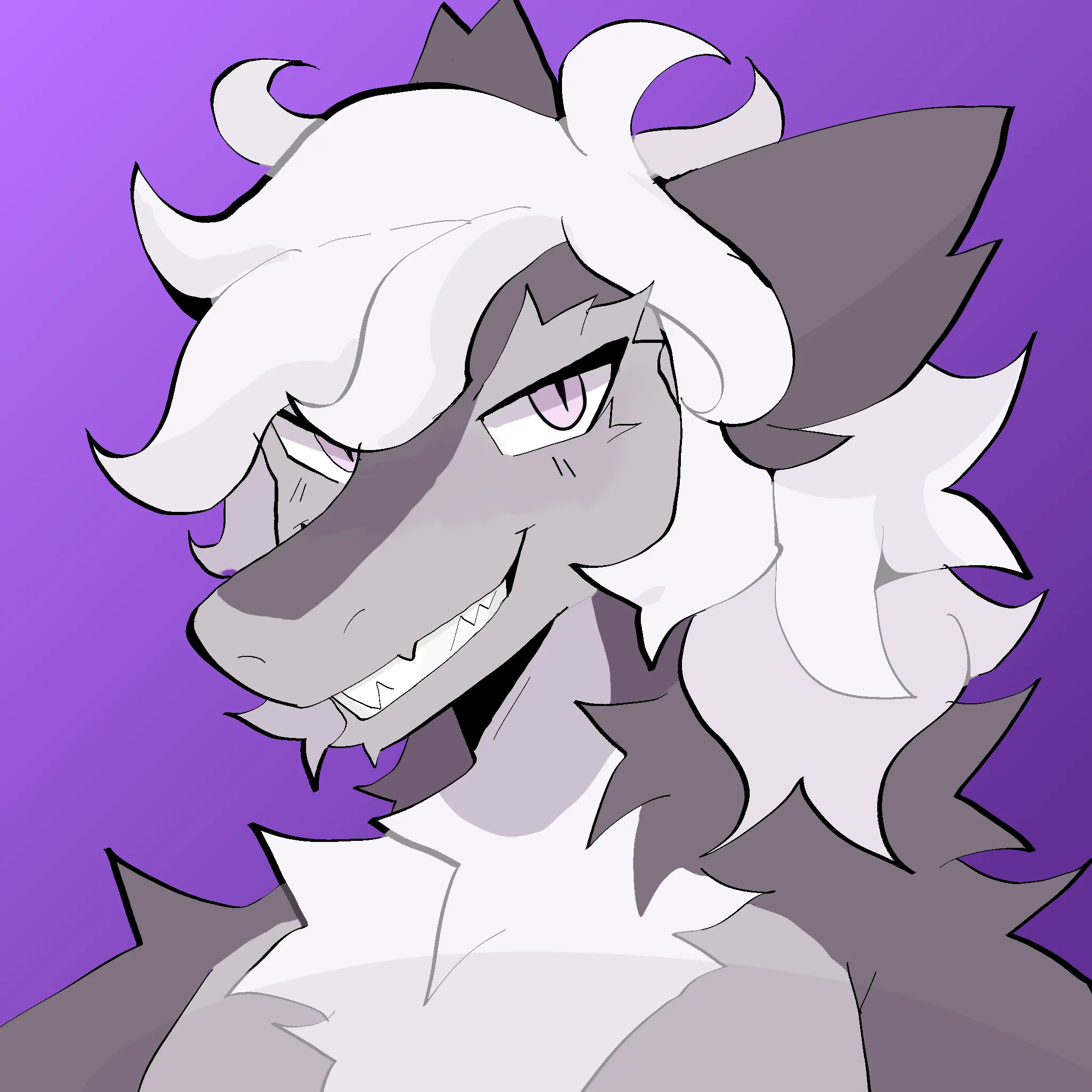 A sergal with white hair, gray fur, and pink eyes looking at the viewer smiling.