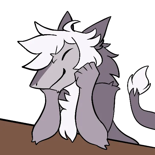 A sergal leaning upon a table with their head in their hands, smiling with their eyes closed.