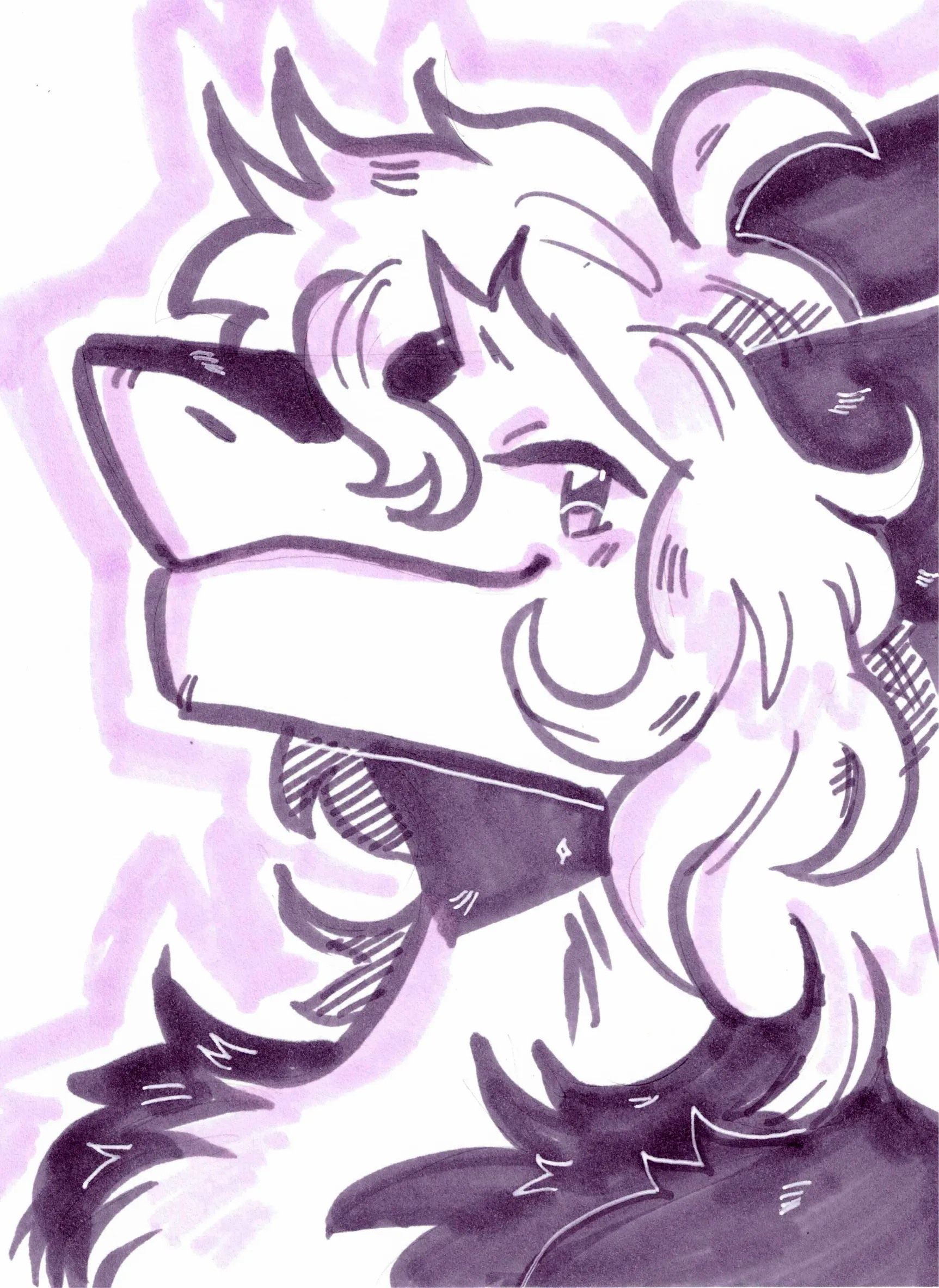 A marker sketch of Xenu looking contently at the viewer. A purple outline runs around their body.